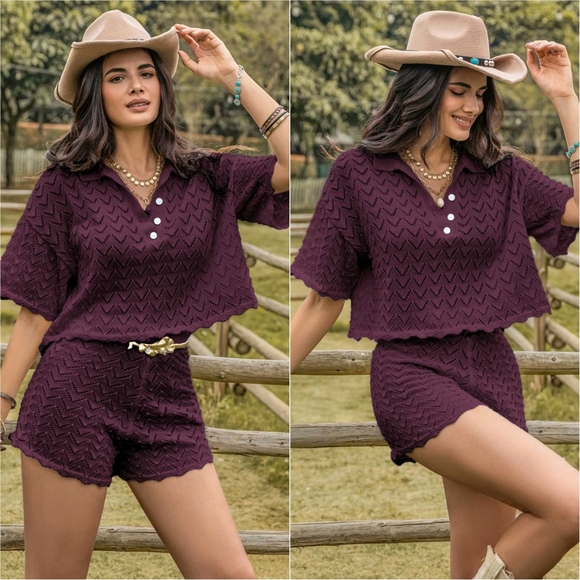 Allure Eyelet Shorts Set - Deep Purple - Picture 1 of 9
